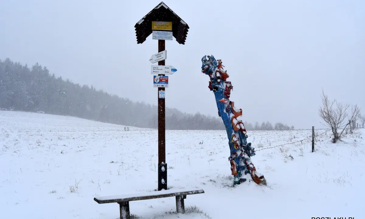 Zimowy krajobraz z ławką i drogowskazem turystycznym. Obok kolorowa rzeźba, być może symbolizująca skopiec szczyt.