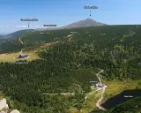 Widok na Karkonosze z górującą Śnieżką. W dole lasy, hale i Mały Staw. Słonecznik górski kwitnie na zboczach.