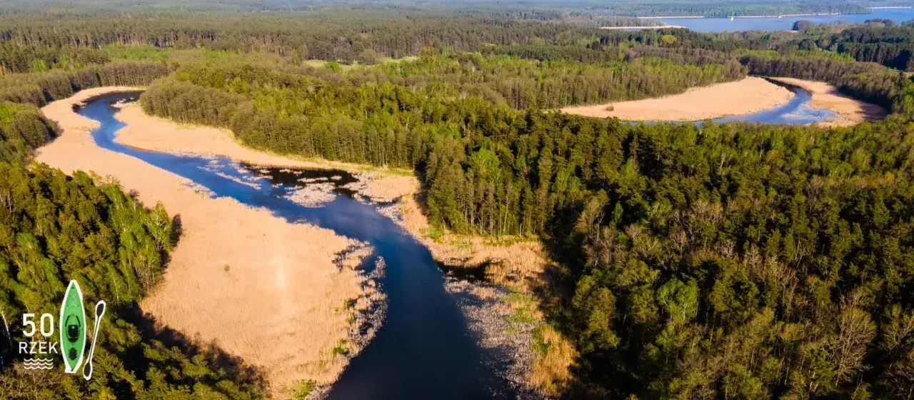 Malownicza Krutynia meandruje przez gęste lasy i trzcinowiska. W oddali widać jezioro.