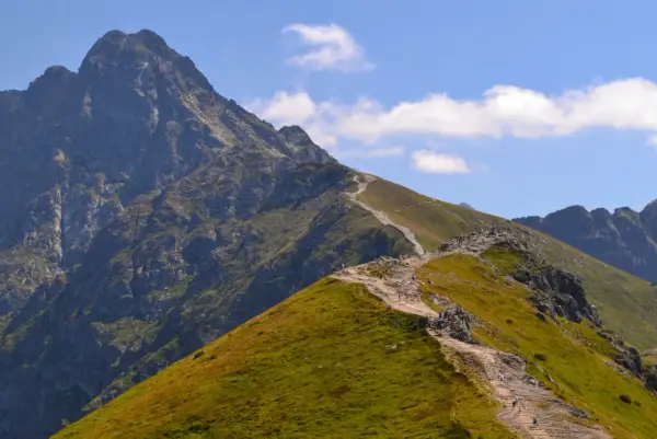 Szlak turystyczny w Tatrach Zachodnich wije się po zielonych zboczach i skalistych graniach.